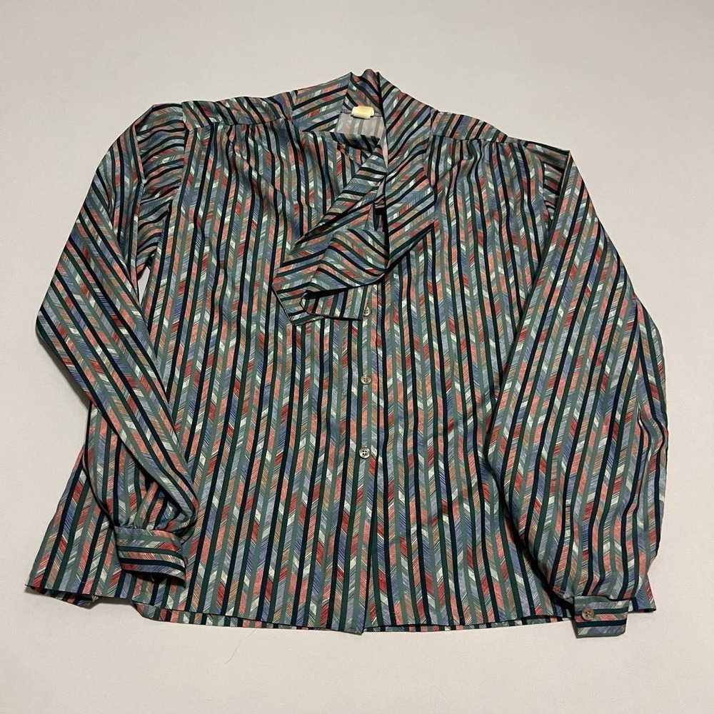 Vintage green striped button down blouse tie neck 16